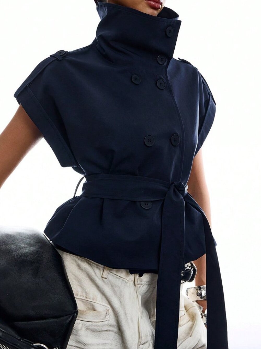 Navy Blue Casual Women's Elegant Short Sleeve Trench Coat